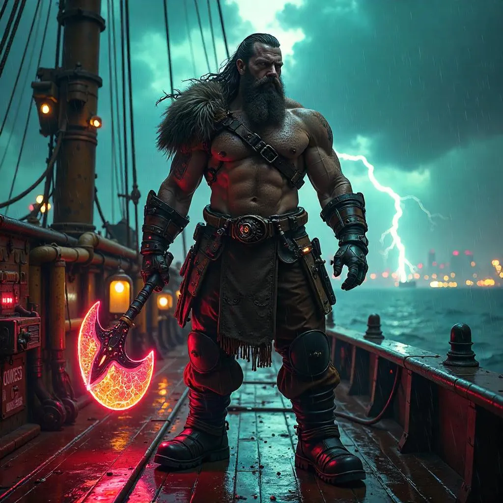 Barbarian Cyberpunk on a Neon Airship Deck