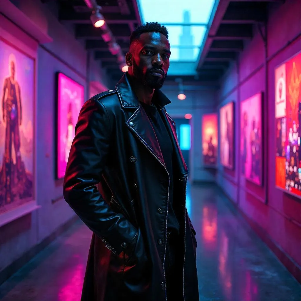 Cyberpunk Elegance in Neon Art Gallery