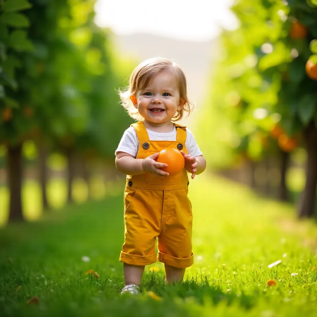 Adorable Child in Yellow Overalls in a Green Orchard