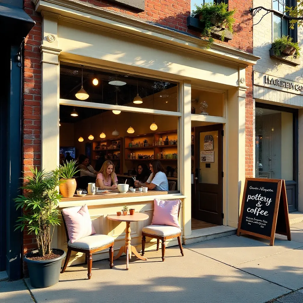 Chic Pottery Café Exterior with Inviting Glow