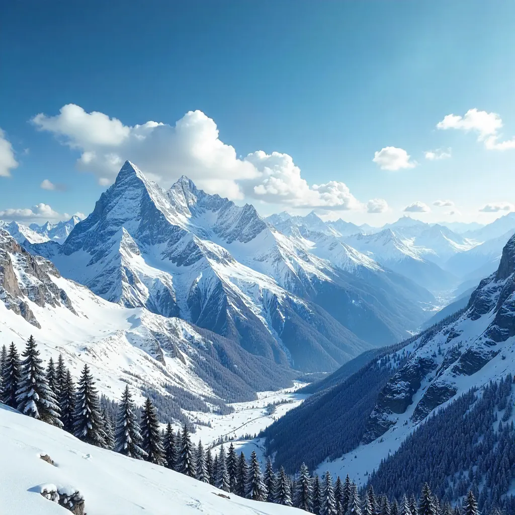 Snow-Capped Peaks Under a Cloud-Speckled Blue Sky