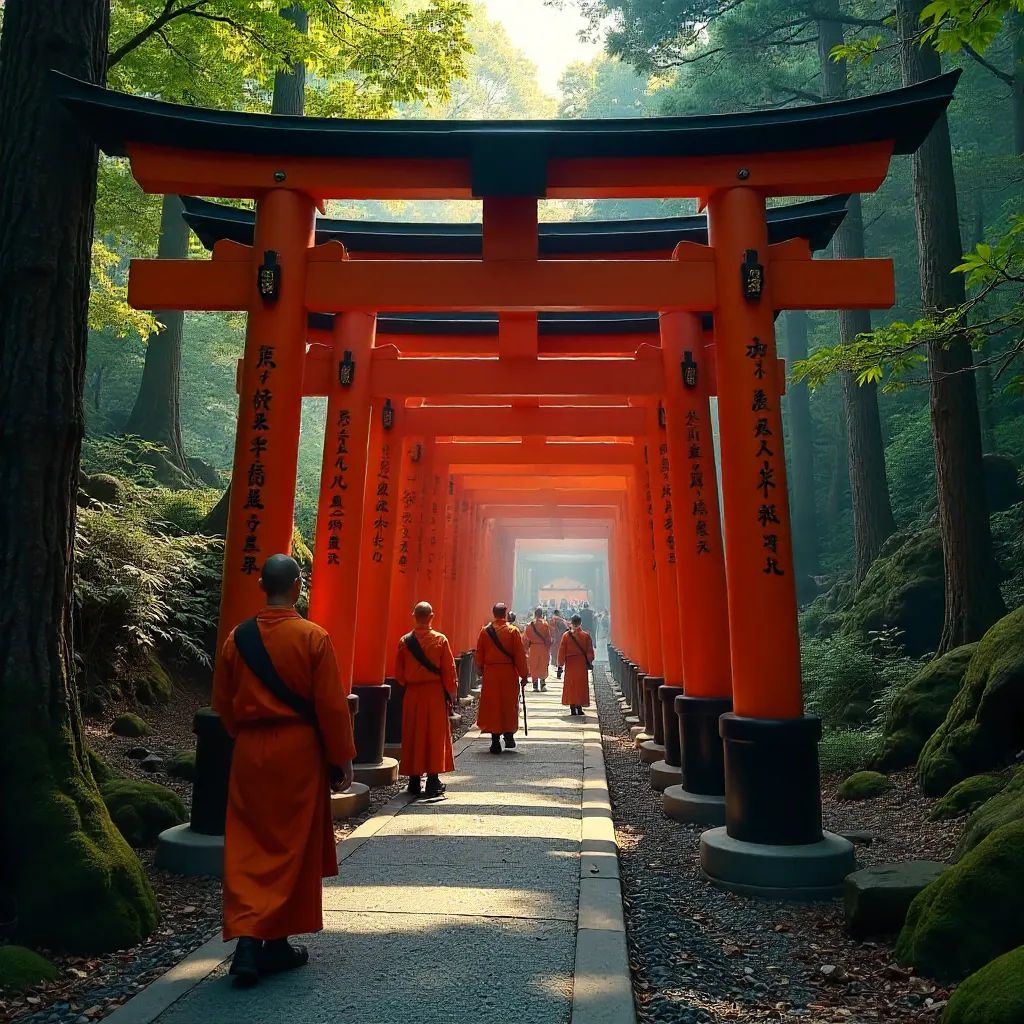 Monks among Fushimi Inari's Vermilion Torii Gates