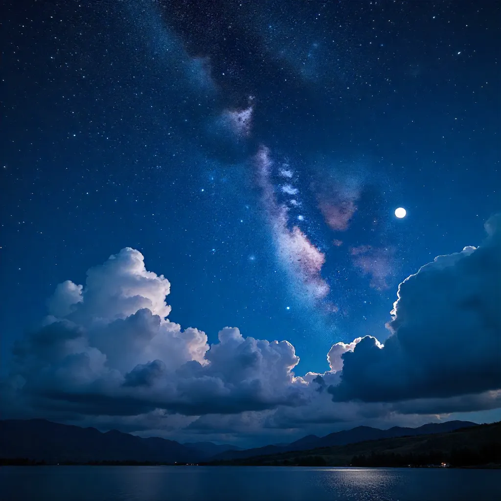Stock Photo: Cumulus Clouds with Galaxy and Moon