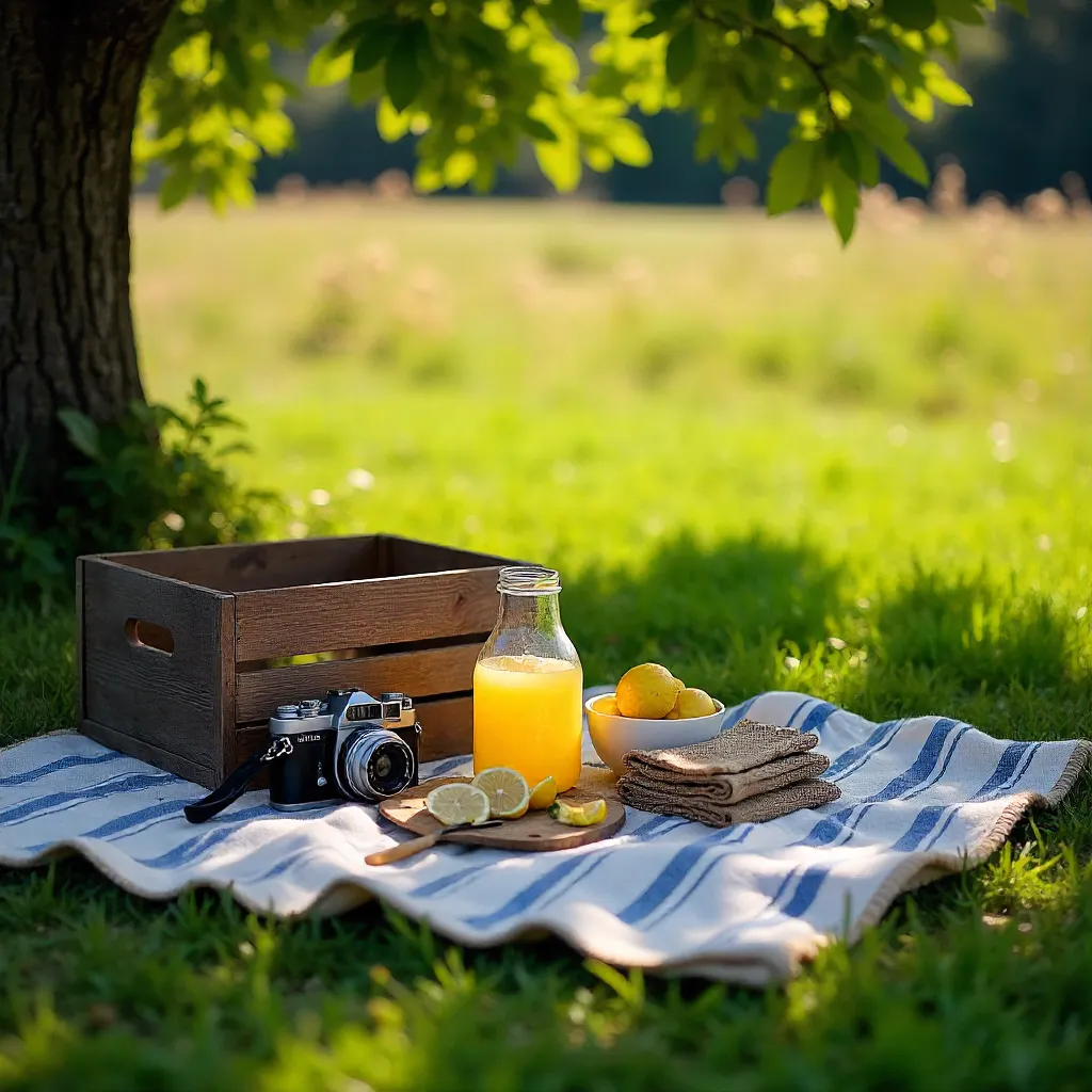 Sunlit Rustic Picnic: Lemons, Vintage Camera, and Stripes