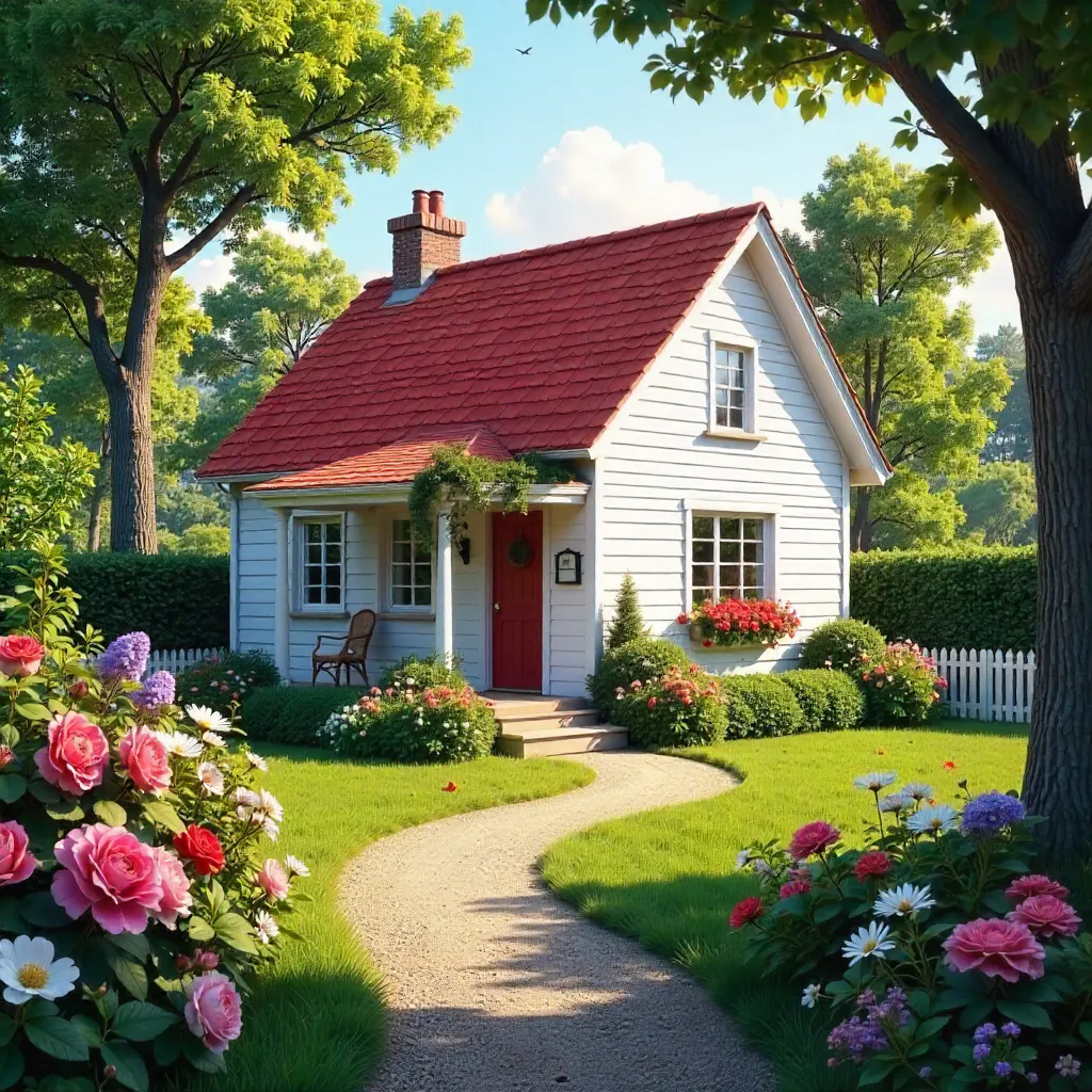 Sunny White Cottage with Red Roof Amid Blooming Garden