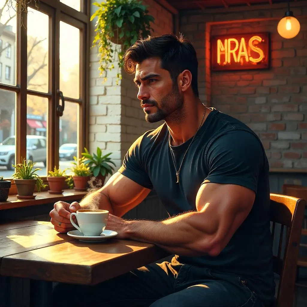 Strong Latino Man in a Cozy Café – Digital Art