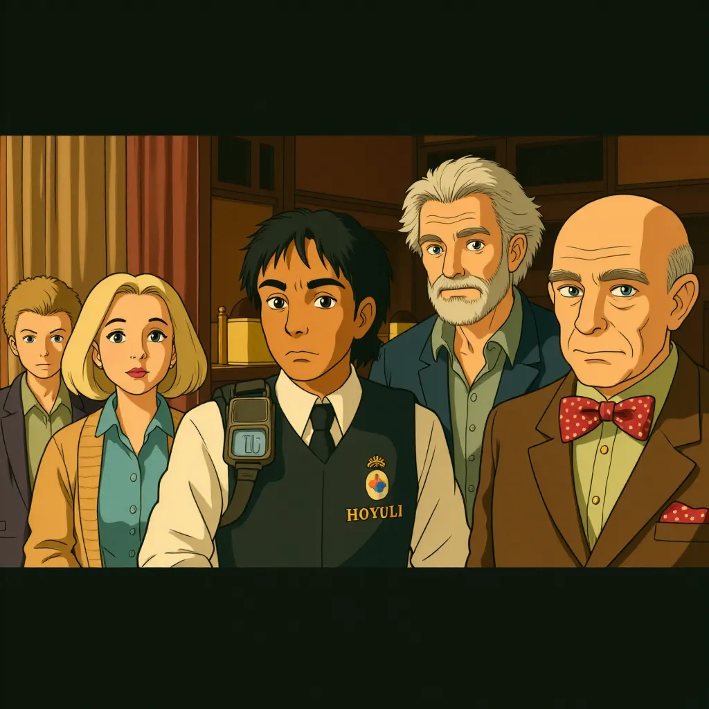 Pierce Brosnan, Helen Mirren, Ben Kingsley, Celia Imrie, and Naomi Ackie in The Thursday Murder Club (2025) - Ghibli style