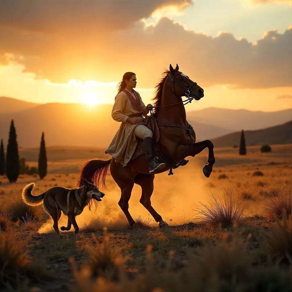 Sunset Rider on a Rearing Horse in Türkiye
