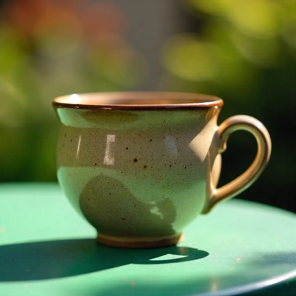 Close-Up Textured Ceramic Cup on Green Outdoor Table
