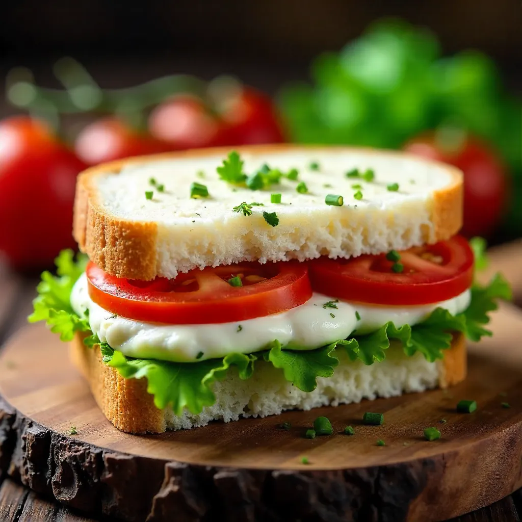 Close-Up Cream Cheese Herb Sandwich with Tomatoes