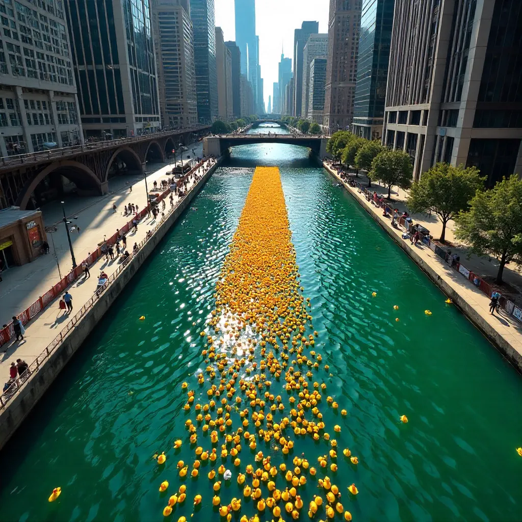 Aerial Ducks for Charity over Chicago River