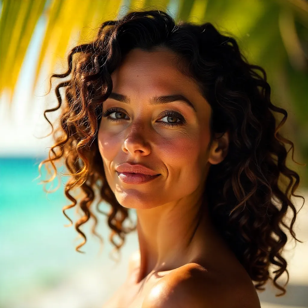 Sunlit Tropical Close-Up: Curly-Haired Woman