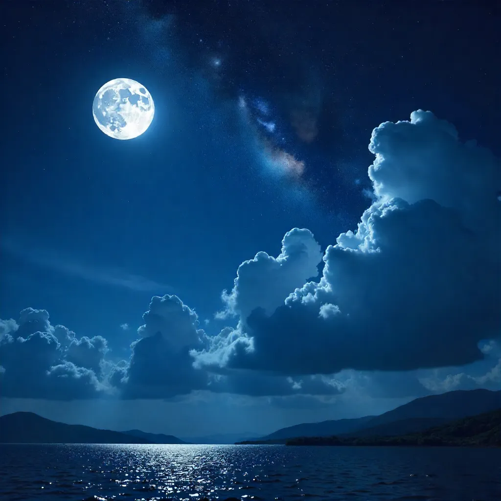 Cumulus Clouds, Moon, and Galaxy Night Sky