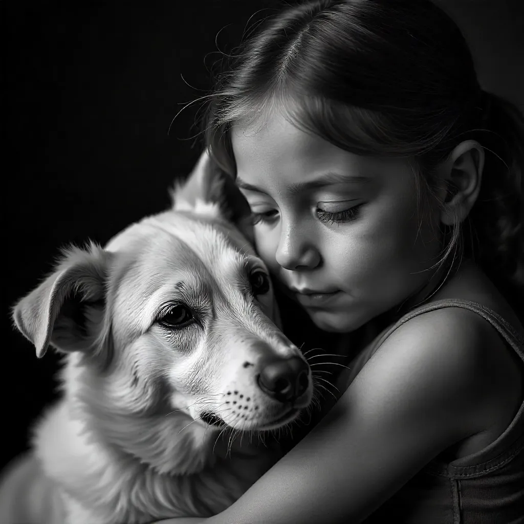 Tender Black-and-White Portrait of Girl and Dog