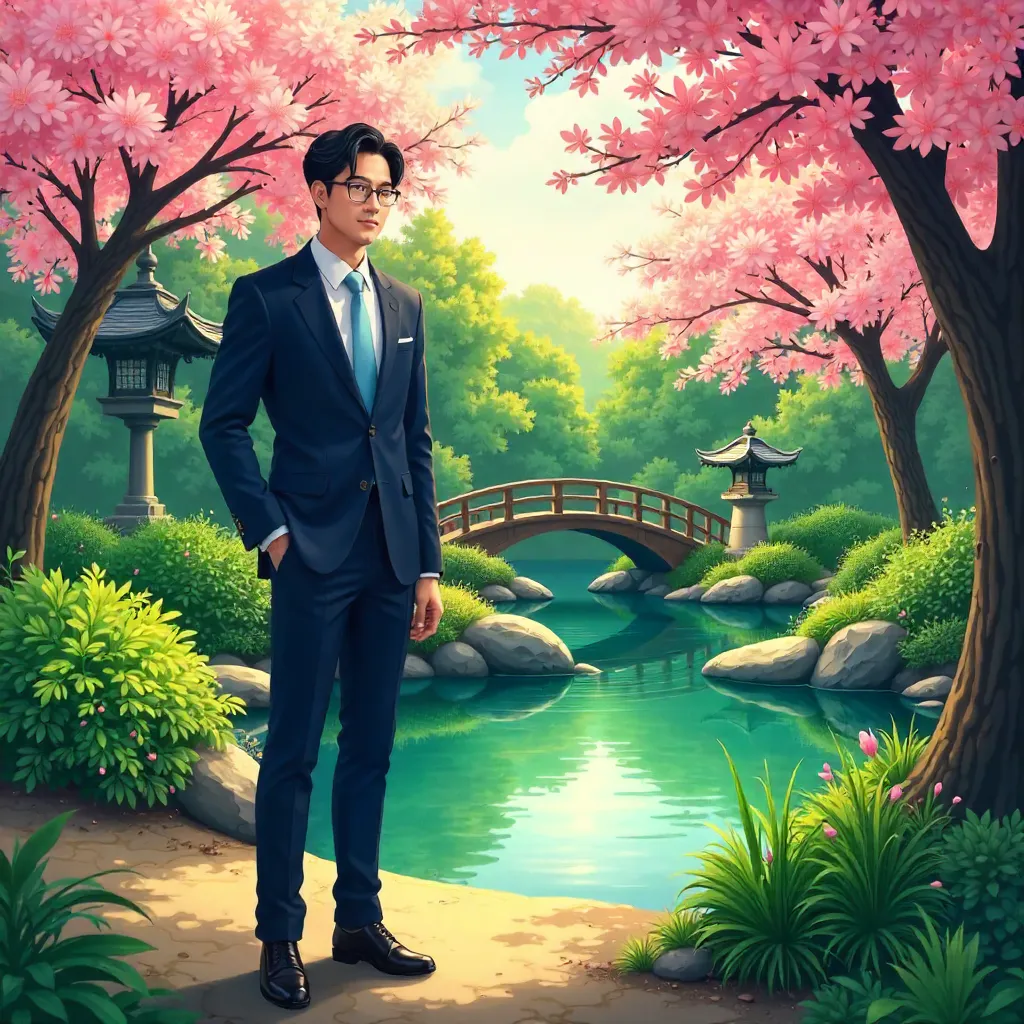 Elegant Asian Professional in an Anime Garden