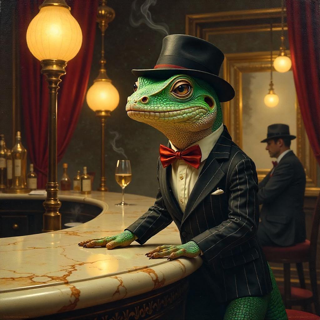 Lizard in a 1920s Speakeasy — Oil Painting