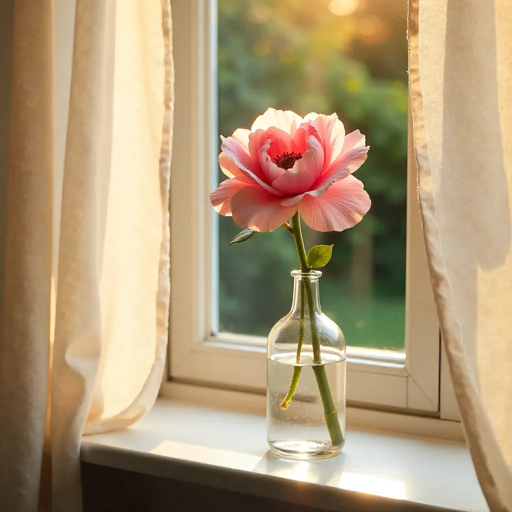 Elegant pink flower in a sunlit windowsill