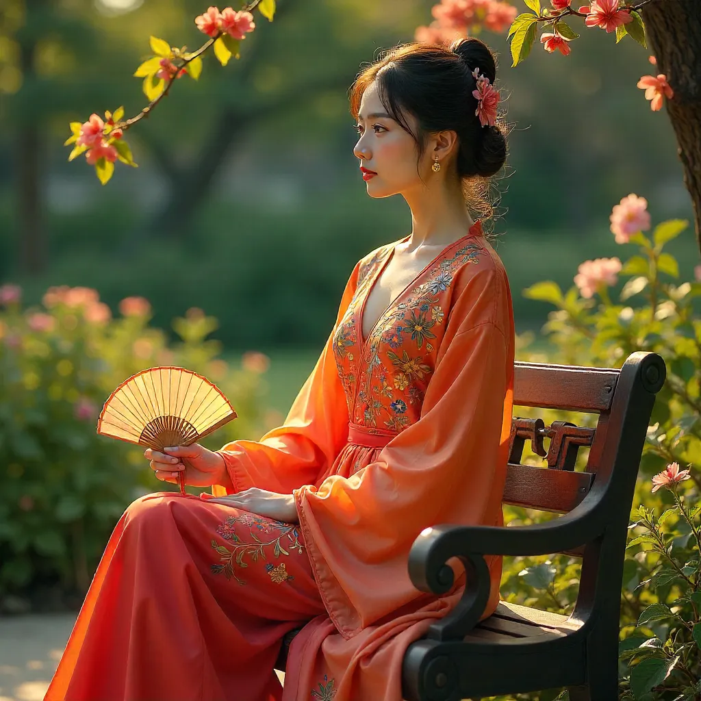 Elegance Outdoors: Vibrant Garments and a Traditional Fan