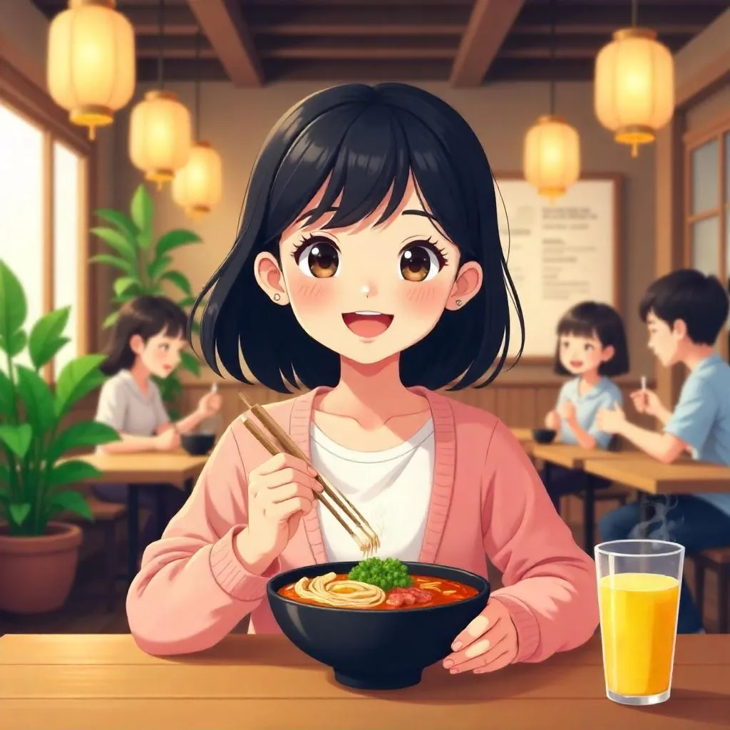 Cheerful Asian Girl in a Cozy Cartoon Restaurant