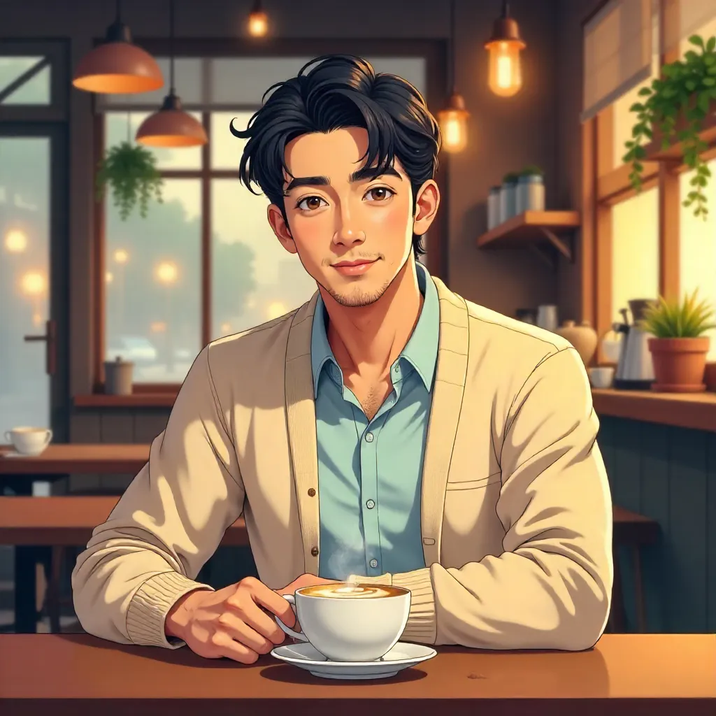 Handsome Asian Man in a Cozy Anime Café