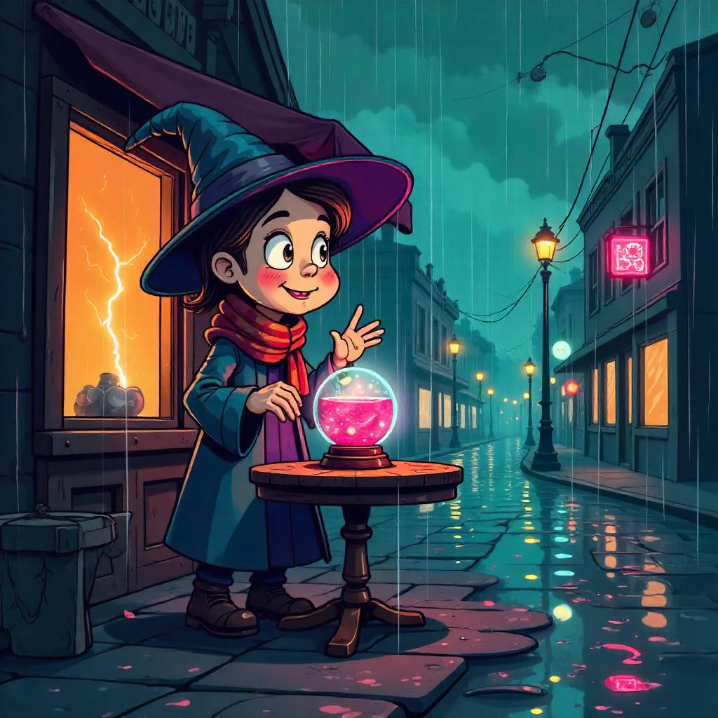 Cartoon Crystal Ball in the Heavy Rain