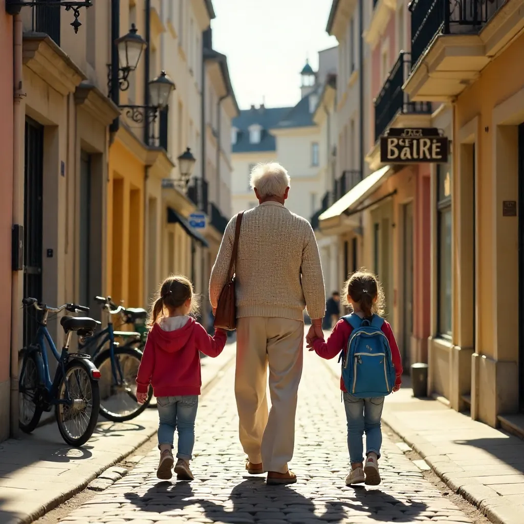 Sunny Lille Street Stroll with Grandparent and Kids