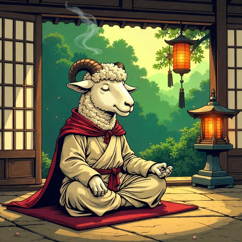 Comic Sheep in a Serene Zen Temple