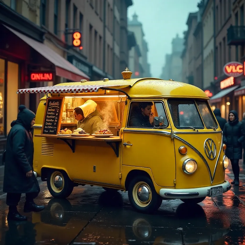 Yellow Van Belgian Waffle Stand on a Cloudy Urban Day
