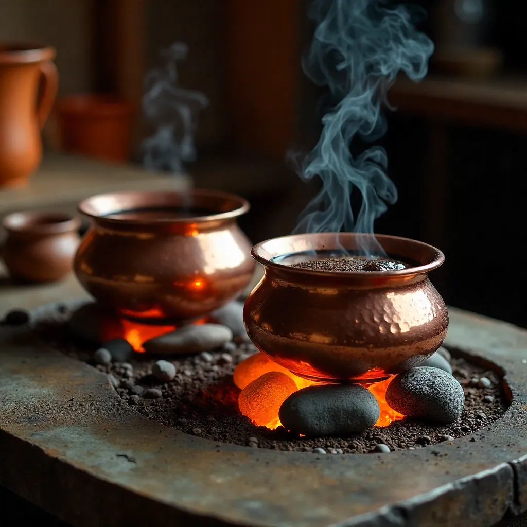 Two Copper Pots Brewing Turkish Coffee Over Coals
