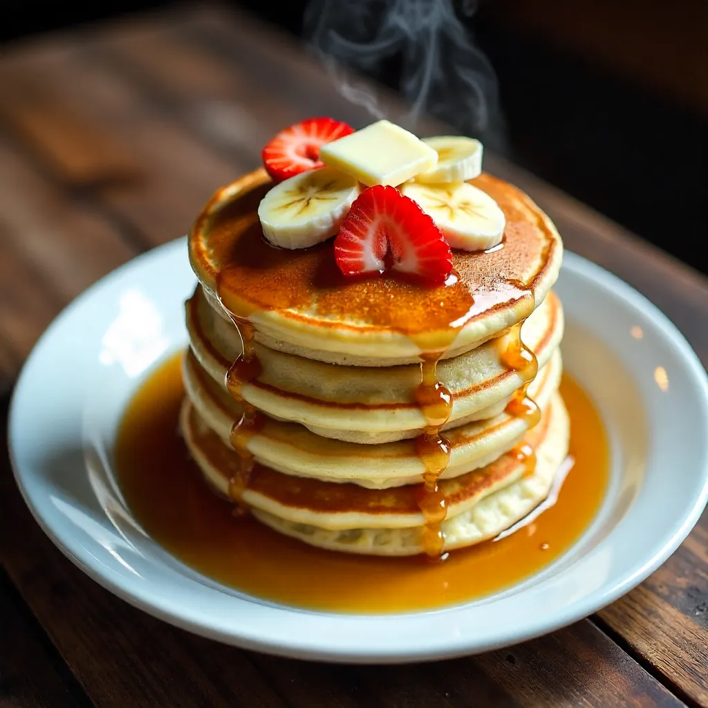 Fluffy Pancake Stack with Fresh Strawberries and Bananas