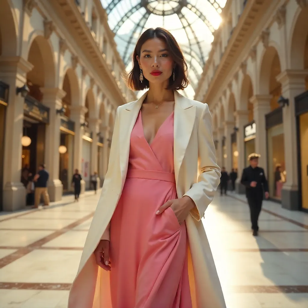 Pink Dress and White Coat in Galleria Vittorio Emanuele II