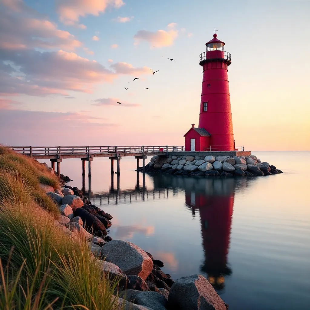 Serene Reflection at Holland's Big Red Lighthouse