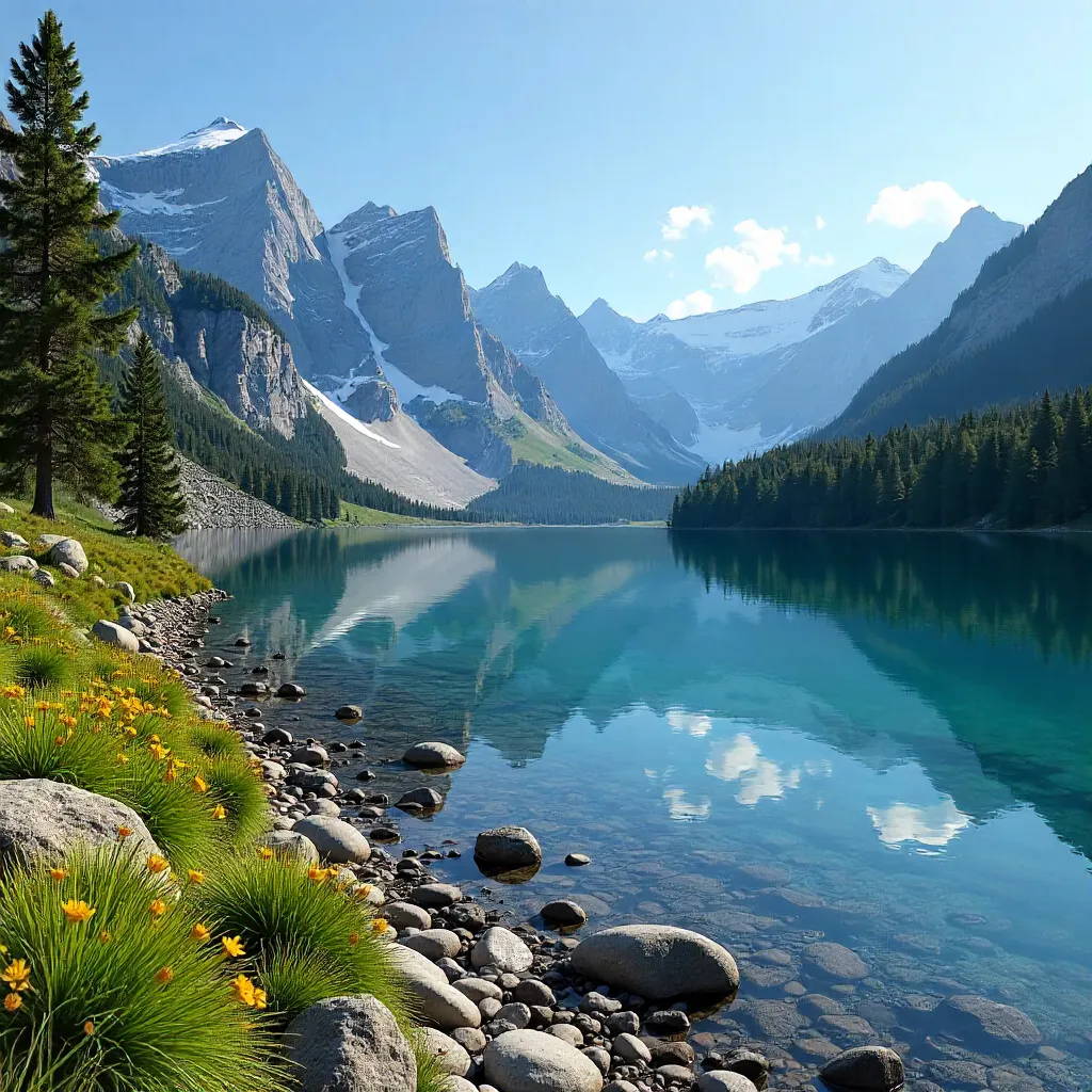 Peaceful Alpine Lake Under a Bright Blue Sky