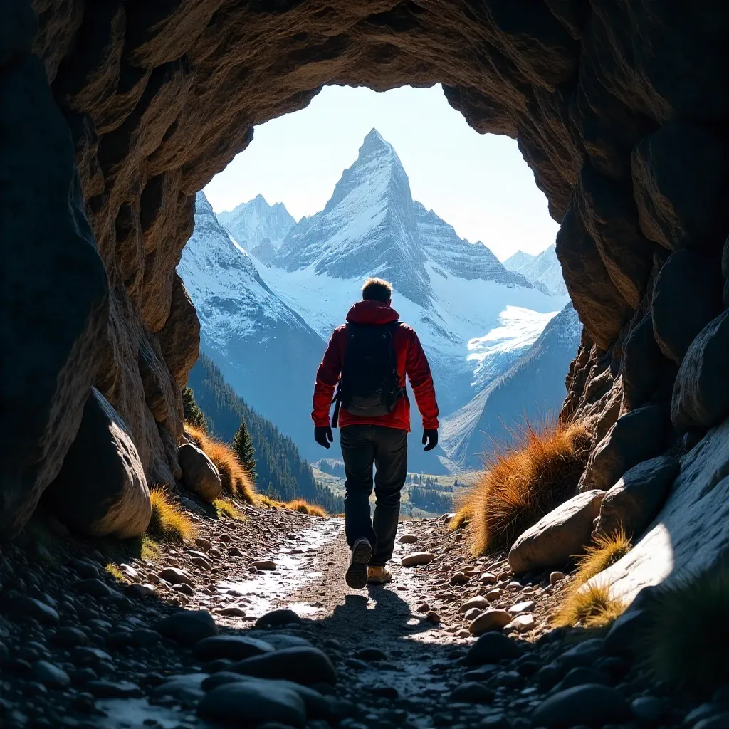 Emerging Through the Tunnel to Snowcapped Peaks