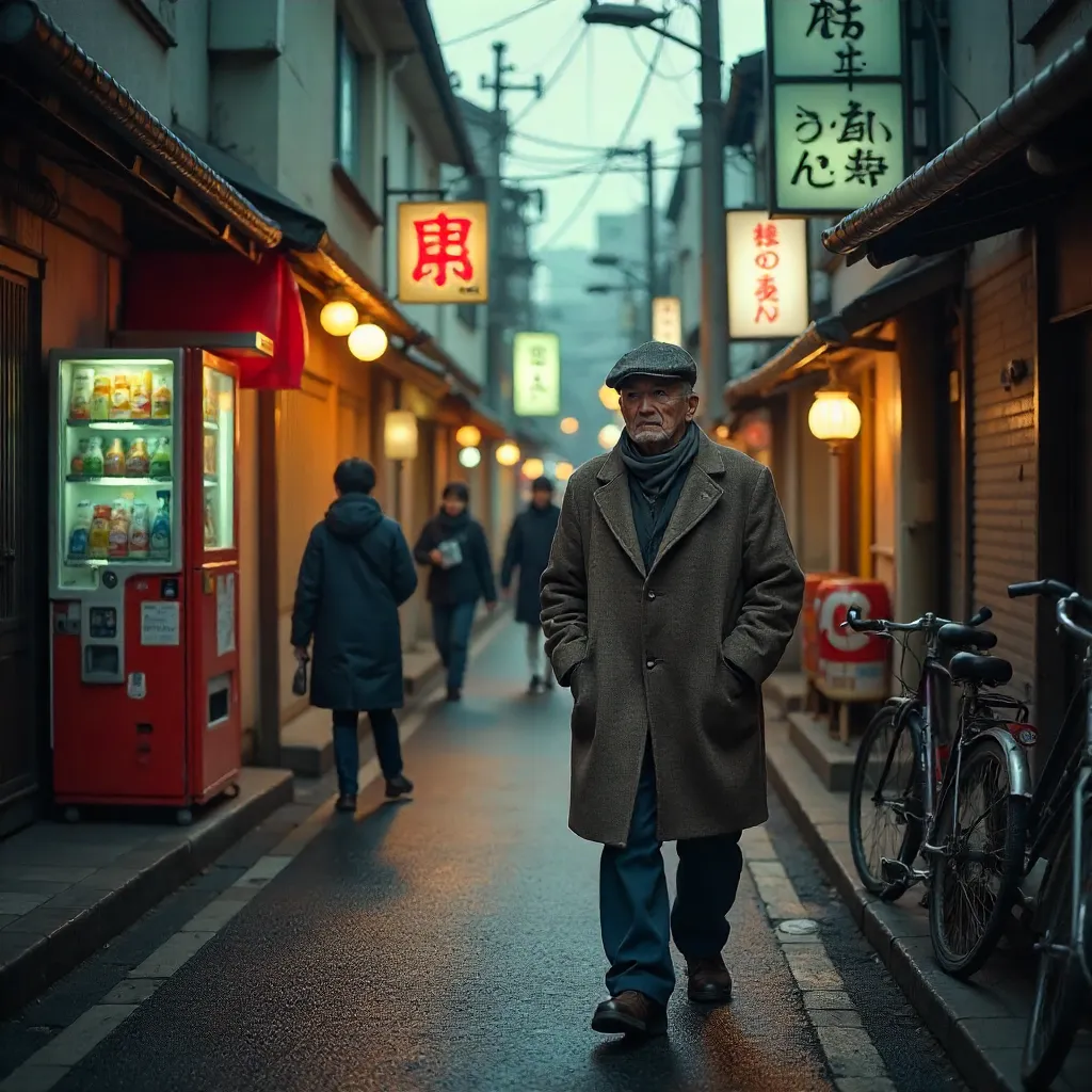 An Elderly Man Walks Through a Tokyo Street