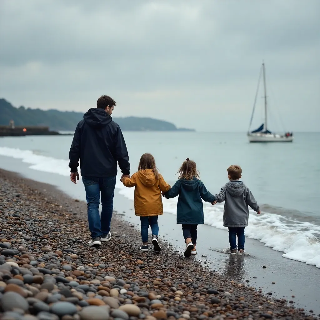 Family on a Pebbled Beach Under Cloudy Skies