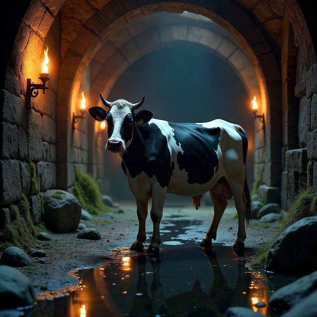 Photorealistic Cow in a Moonlit Crypt