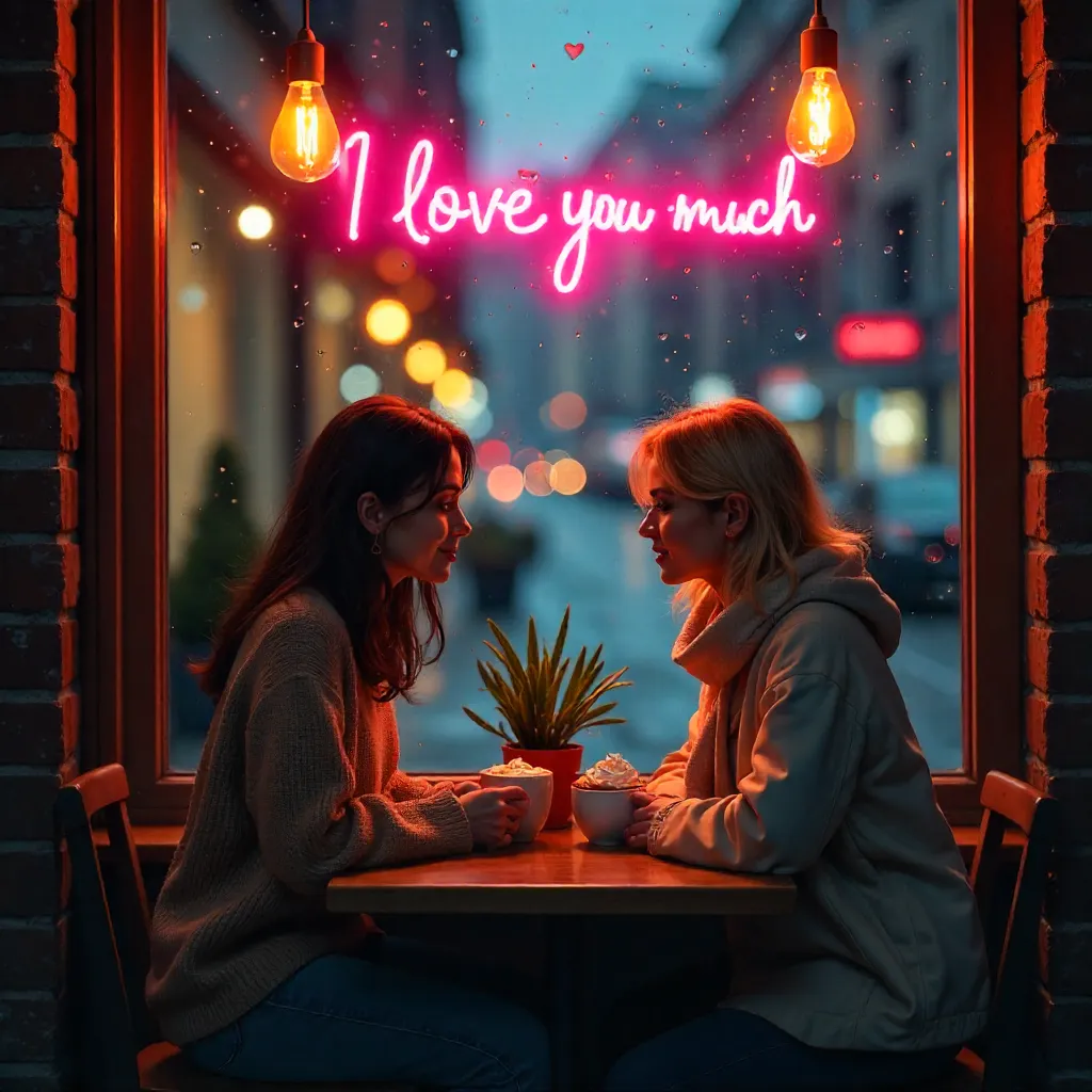 Neon Love Through a Cozy Café Window