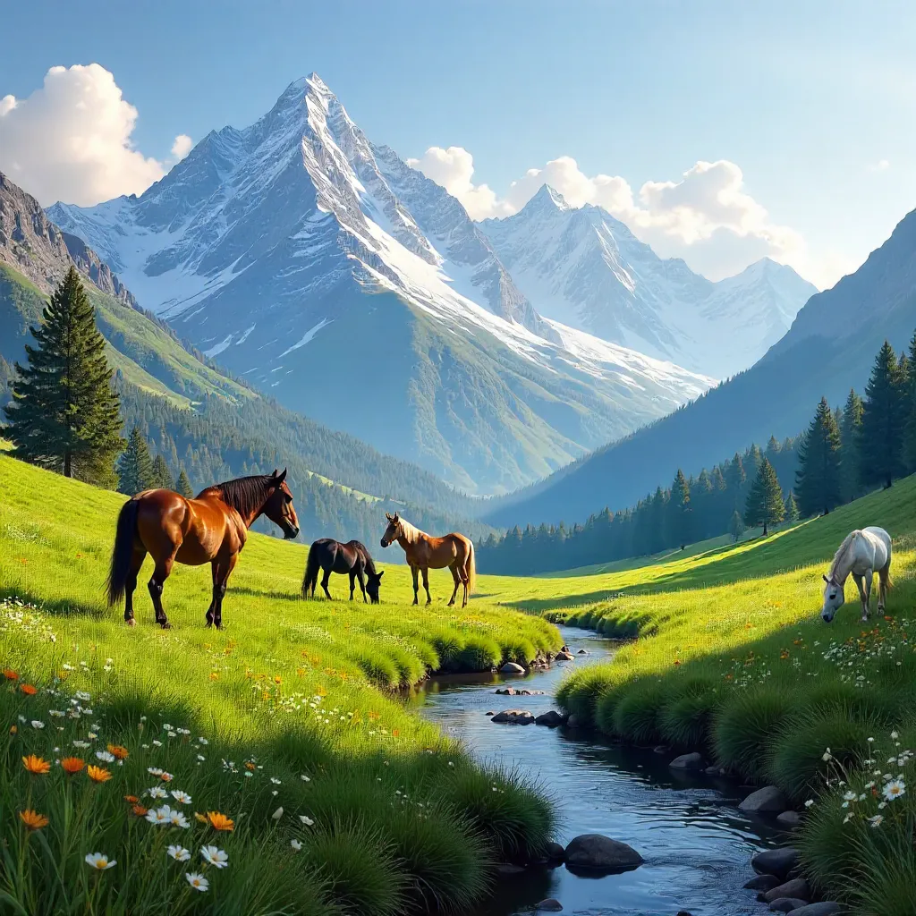 Alpine Meadow Horses Grazing Under Clear Sky