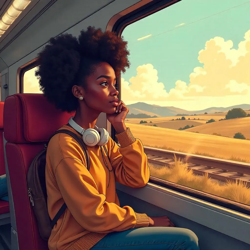 Tranquil Train Moment: Anime-Style Black Woman