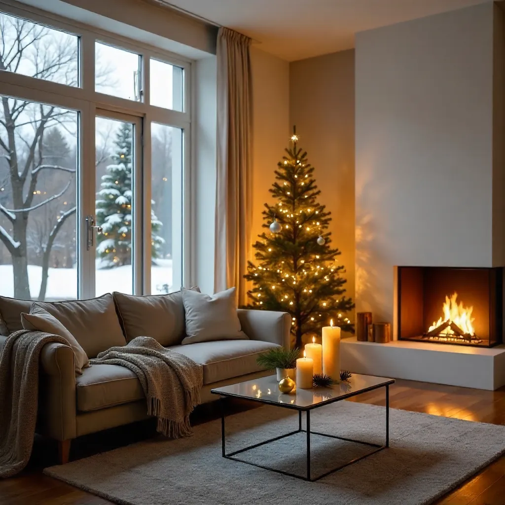 Elegant Minimalist Holiday Living Room with Warm Glow