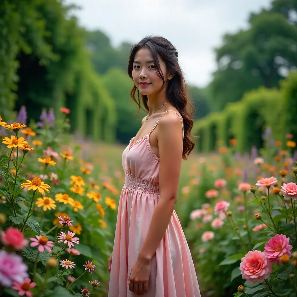 Young Woman in a Vibrant Garden on a Cloudy Day