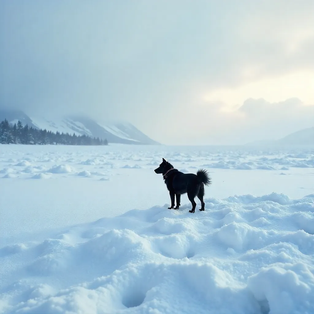 Solitary Black Dog on a Vast Snowscape