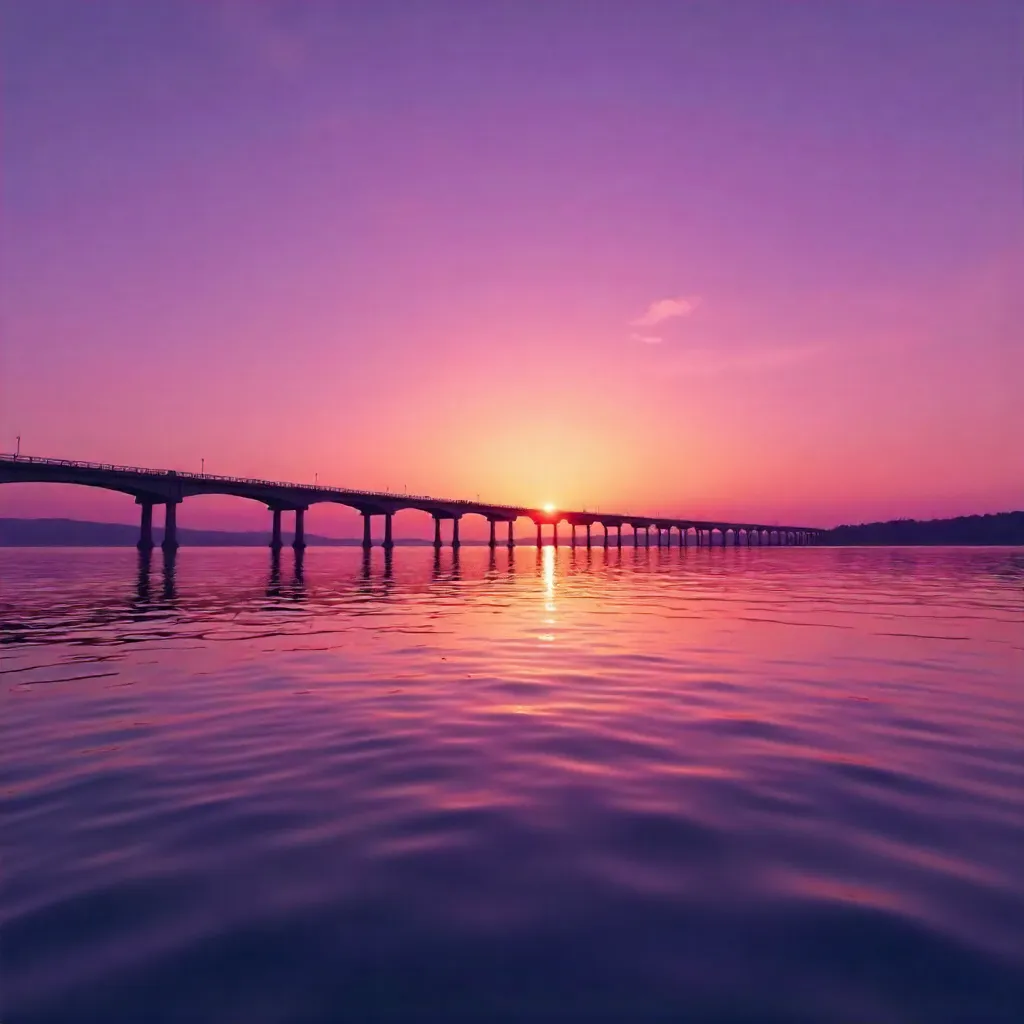 Purple Sunset Bridge Silhouette Over Calm Water
