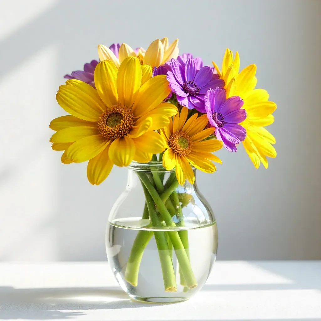 Elegant Glass Vase with Yellow and Purple Blooms