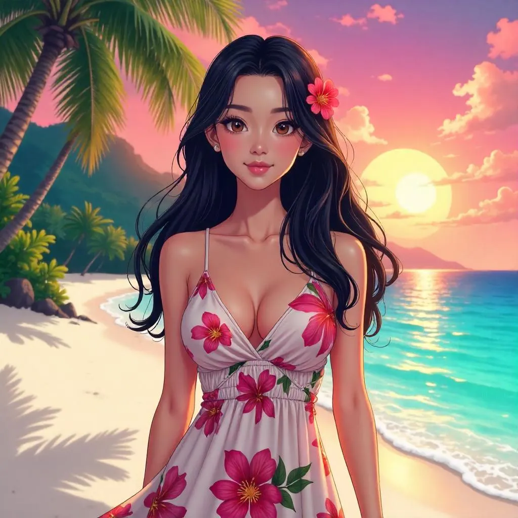 Anime Asian Beauty in a Tropical Paradise