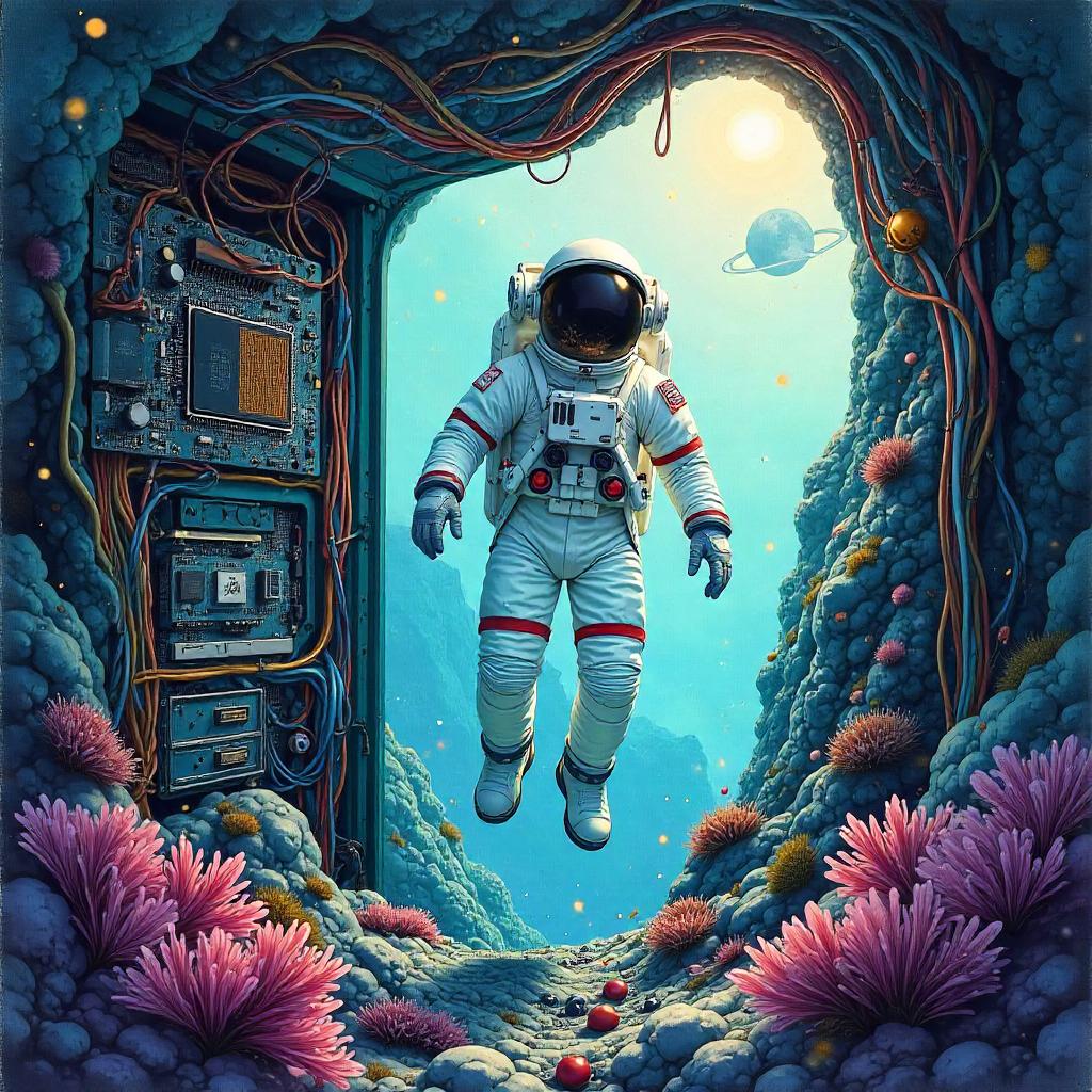 Watercolor Astronaut Inside a Computer
