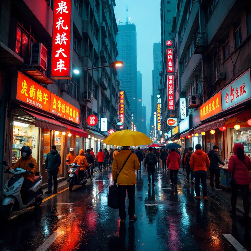 Vibrant Hong Kong Street with a Yellow Umbrella