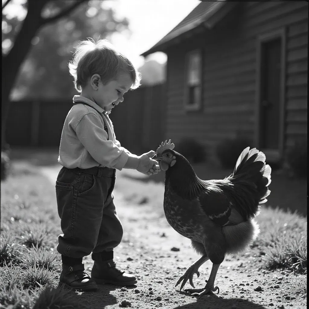 Candid Monochrome Moment: Boy and Chicken