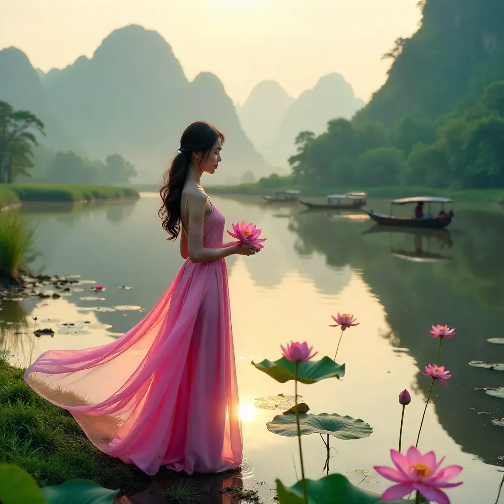Graceful Pink-Dress Maiden with Lotus in Vietnam